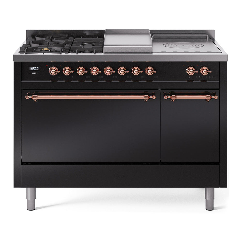 Ilve UP48FSQNMPBKPLP Nostalgie Ii 48 Inch Dual Fuel Liquid Propane Freestanding Range In Glossy Black With Copper Trim