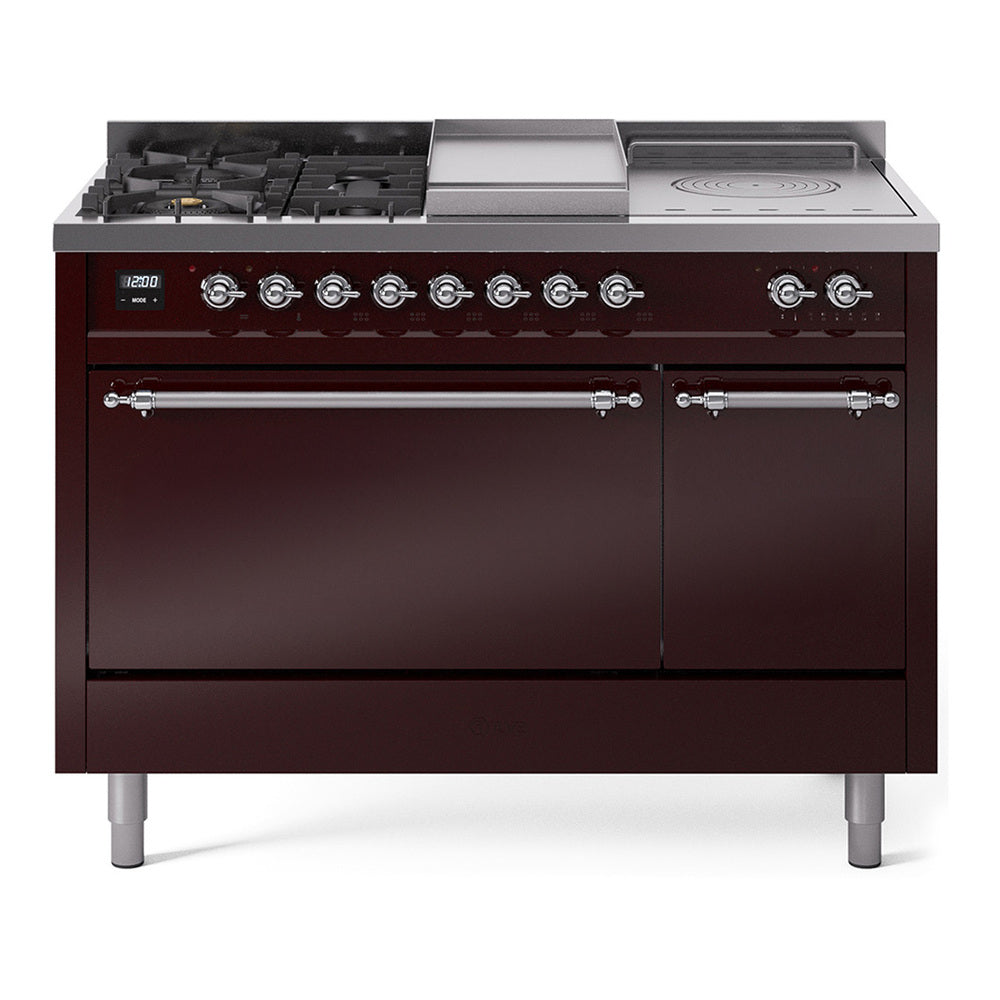 Ilve UP48FSQNMPBUCLP Nostalgie Ii 48 Inch Dual Fuel Liquid Propane Freestanding Range In Burgundy With Chrome Trim