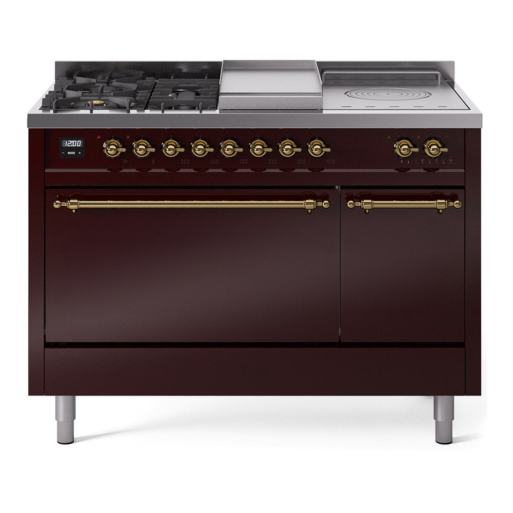 Ilve UP48FSQNMPBUGLP Nostalgie Ii 48 Inch Dual Fuel Liquid Propane Freestanding Range In Burgundy With Brass Trim