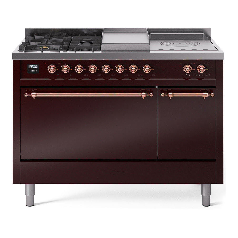 Ilve UP48FSQNMPBUP Nostalgie Ii 48 Inch Dual Fuel Natural Gas Freestanding Range In Burgundy With Copper Trim