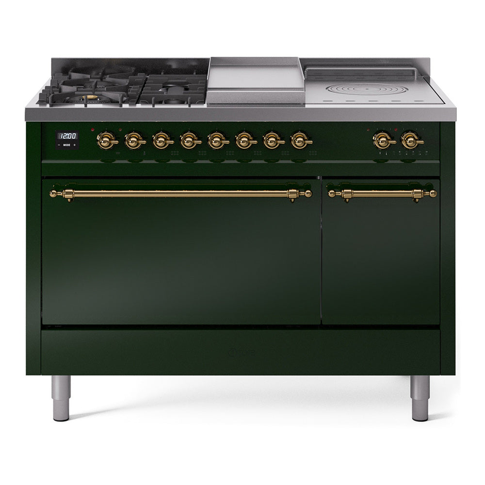 Ilve UP48FSQNMPEGG Nostalgie Ii 48 Inch Dual Fuel Natural Gas Freestanding Range In Emerald Green With Brass Trim