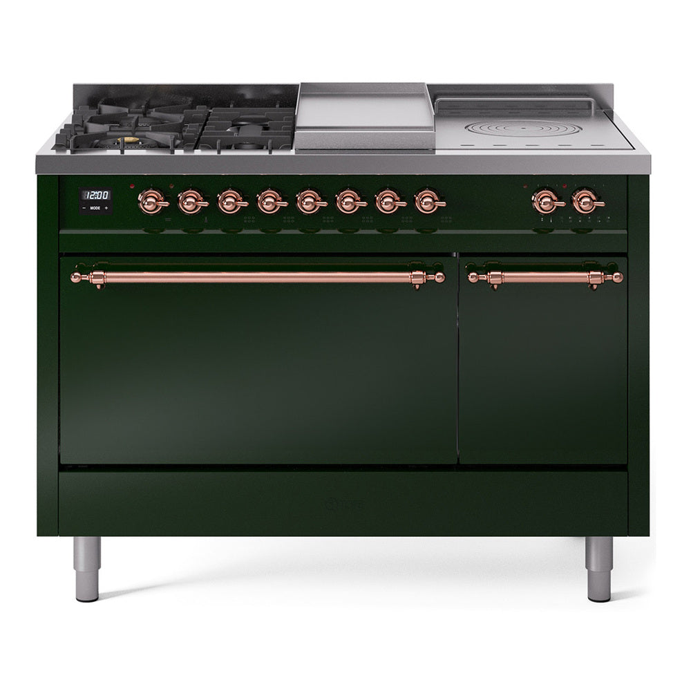 Ilve UP48FSQNMPEGP Nostalgie Ii 48 Inch Dual Fuel Natural Gas Freestanding Range In Emerald Green With Copper Trim