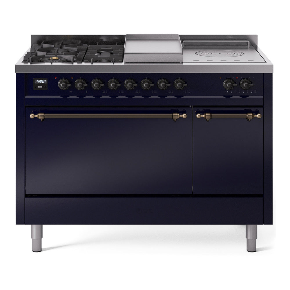 Ilve UP48FSQNMPMBB Nostalgie Ii 48 Inch Dual Fuel Natural Gas Freestanding Range In Blue With Bronze Trim