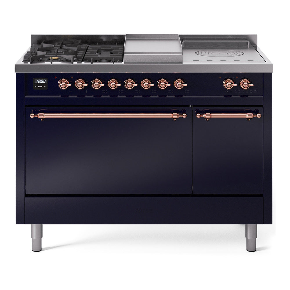 Ilve UP48FSQNMPMBPLP Nostalgie Ii 48 Inch Dual Fuel Liquid Propane Freestanding Range In Blue With Copper Trim