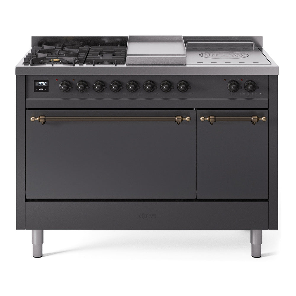 Ilve UP48FSQNMPMGBLP Nostalgie Ii 48 Inch Dual Fuel Liquid Propane Freestanding Range In Matte Graphite With Bronze Trim