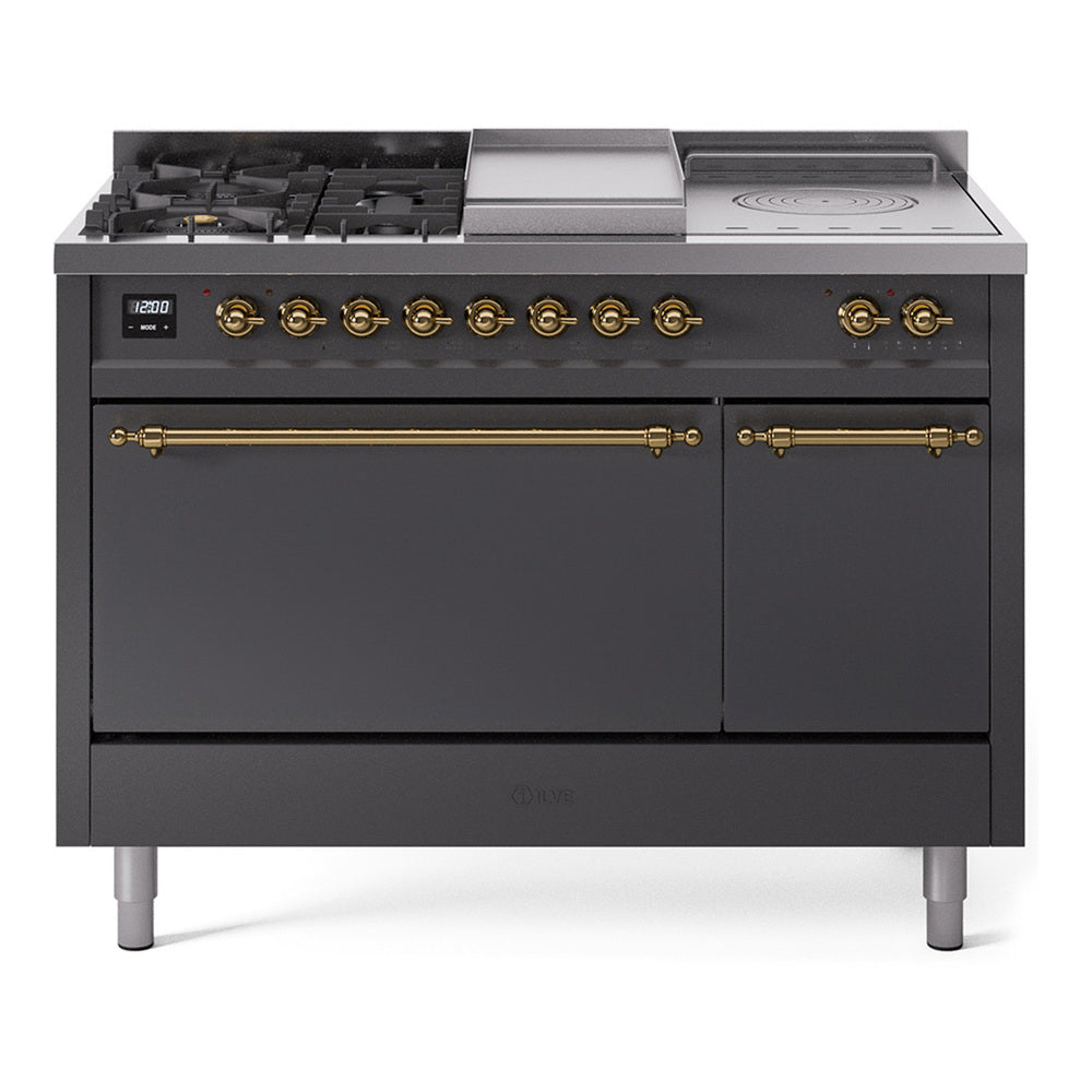 Ilve UP48FSQNMPMGGLP Nostalgie Ii 48 Inch Dual Fuel Liquid Propane Freestanding Range In Matte Graphite With Brass Trim