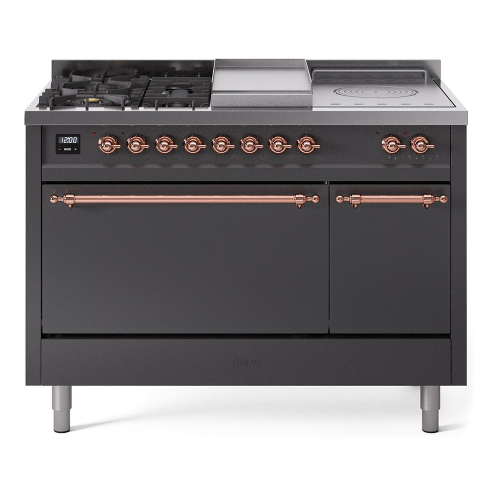 Ilve UP48FSQNMPMGPLP Nostalgie Ii 48 Inch Dual Fuel Liquid Propane Freestanding Range In Matte Graphite With Copper Trim