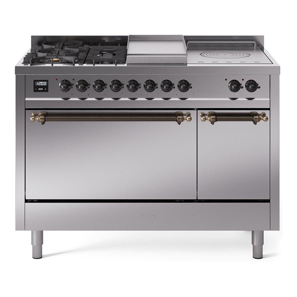 Ilve UP48FSQNMPSSB Nostalgie Ii 48 Inch Dual Fuel Natural Gas Freestanding Range In Stainless Steel With Bronze Trim