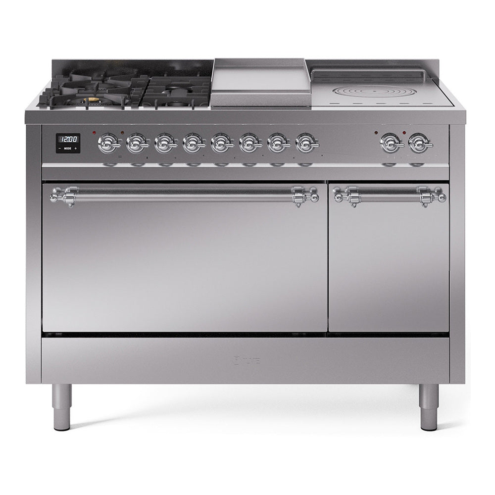 Ilve UP48FSQNMPSSCLP Nostalgie Ii 48 Inch Dual Fuel Liquid Propane Freestanding Range In Stainless Steel With Chrome Trim