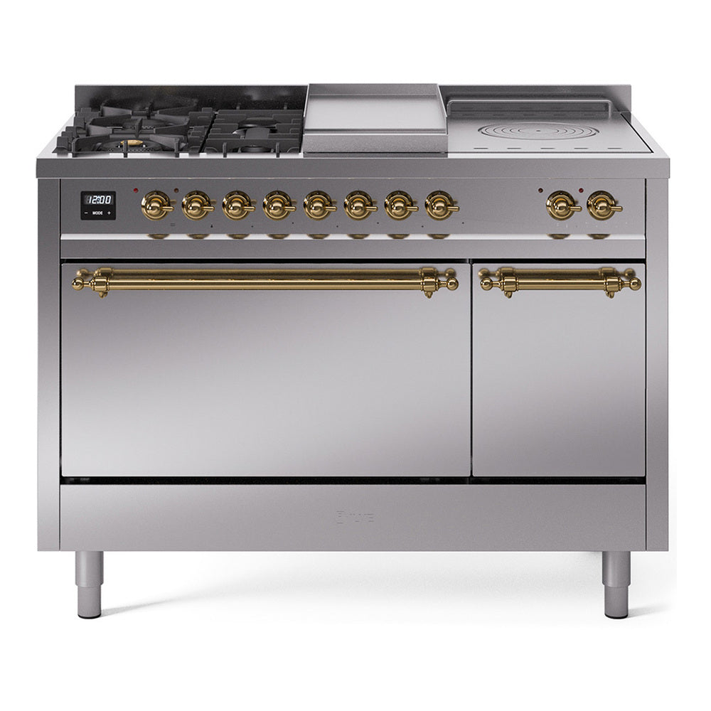 Ilve UP48FSQNMPSSGLP Nostalgie Ii 48 Inch Dual Fuel Liquid Propane Freestanding Range In Stainless Steel With Brass Trim