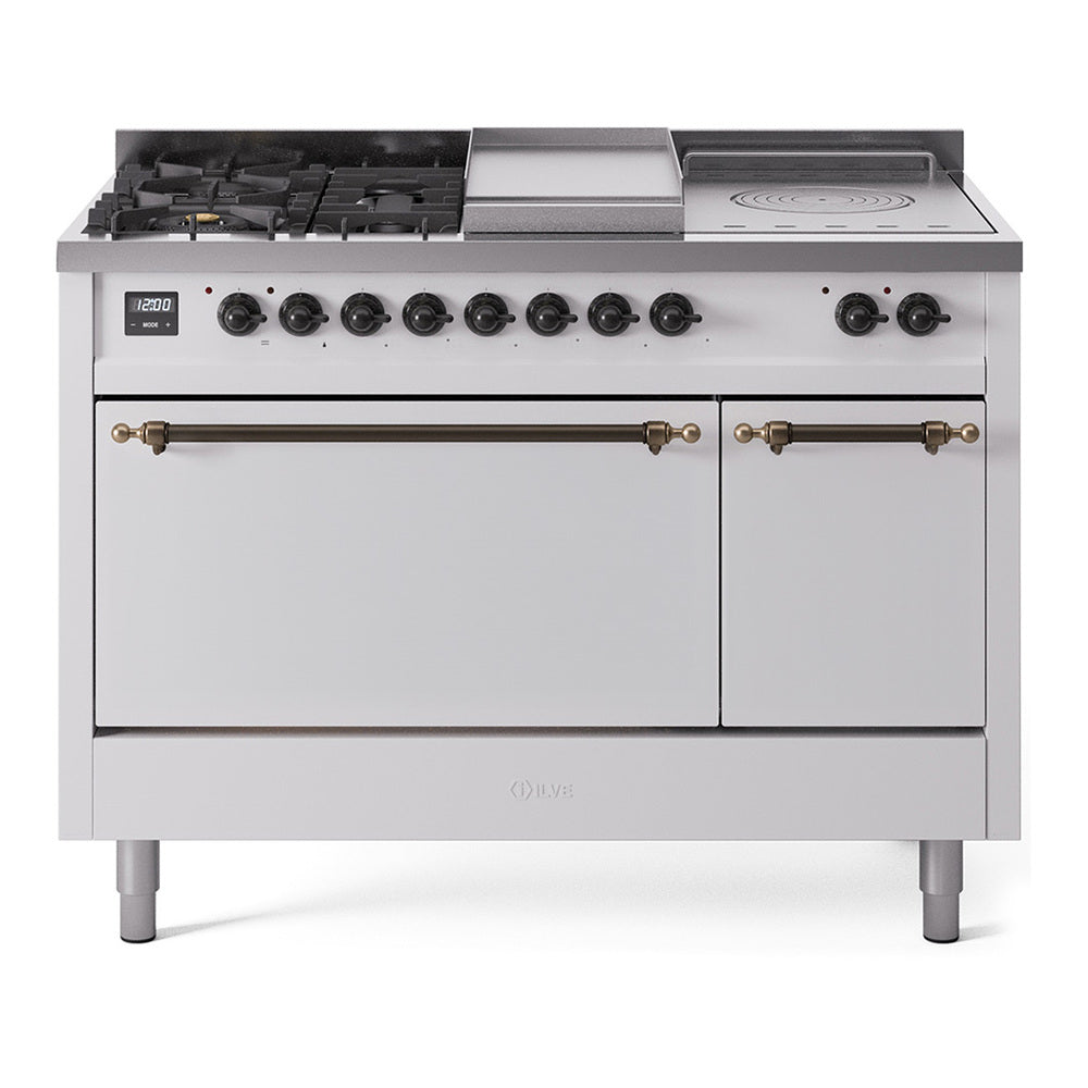 Ilve UP48FSQNMPWHB Nostalgie Ii 48 Inch Dual Fuel Natural Gas Freestanding Range In White With Bronze Trim