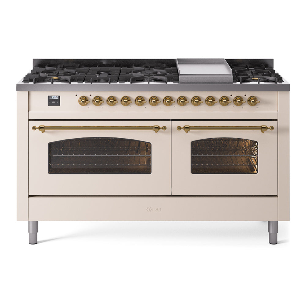 Ilve UP60FNMPAWG Nostalgie Ii 60 Inch Dual Fuel Natural Gas Freestanding Range In Antique White With Brass Trim