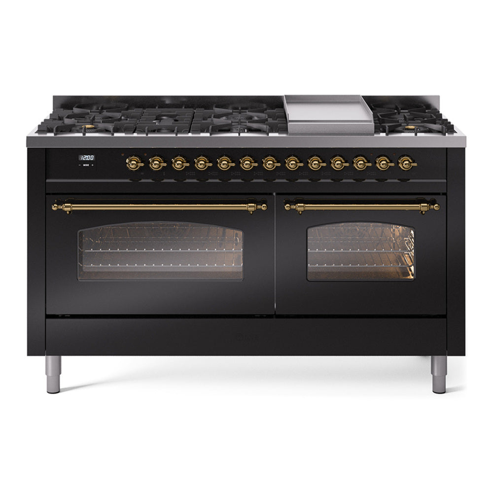 Ilve UP60FNMPBKG Nostalgie Ii 60 Inch Dual Fuel Natural Gas Freestanding Range In Glossy Black With Brass Trim