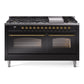 Ilve UP60FNMPBKG Nostalgie Ii 60 Inch Dual Fuel Natural Gas Freestanding Range In Glossy Black With Brass Trim