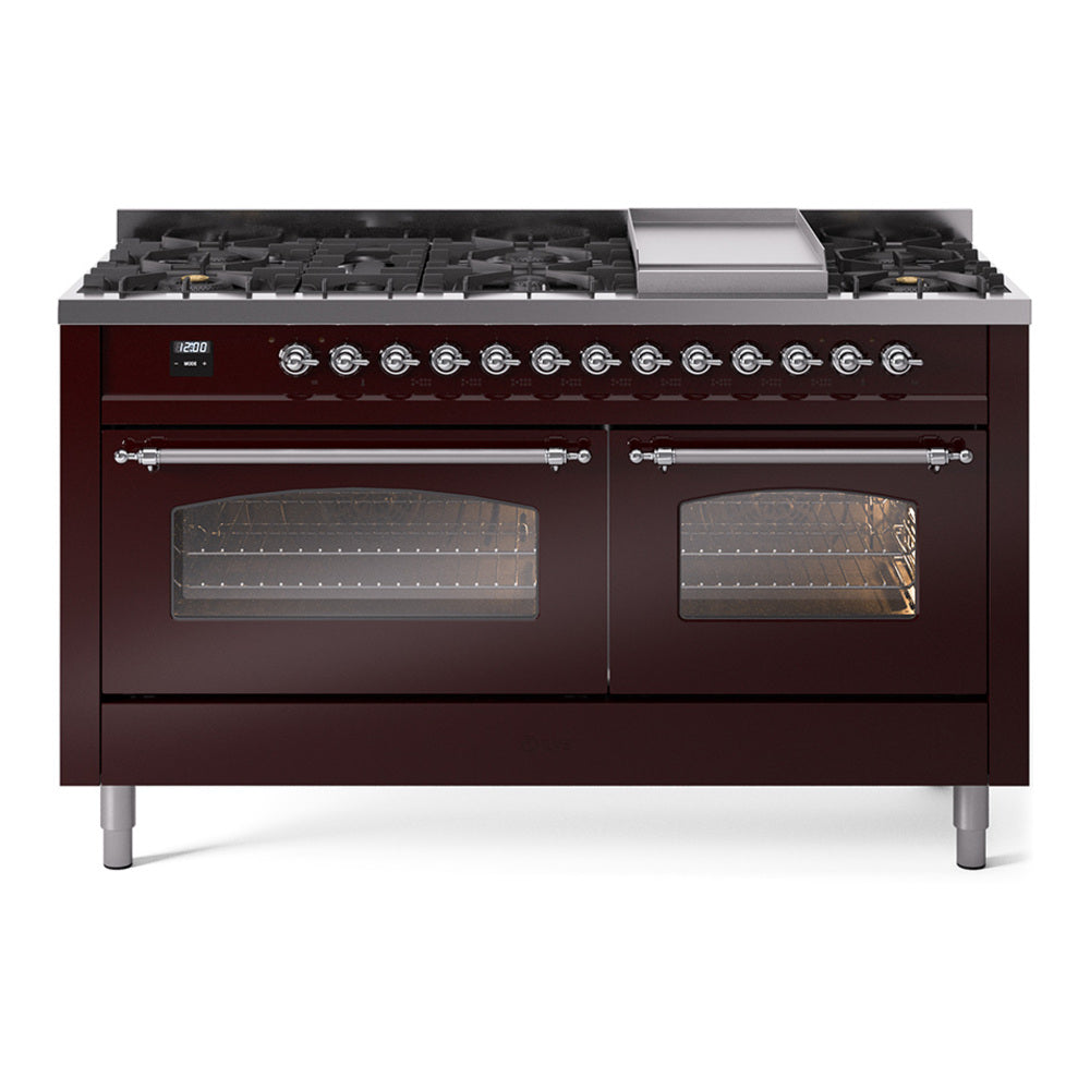 Ilve UP60FNMPBUC Nostalgie Ii 60 Inch Dual Fuel Natural Gas Freestanding Range In Burgundy With Chrome Trim