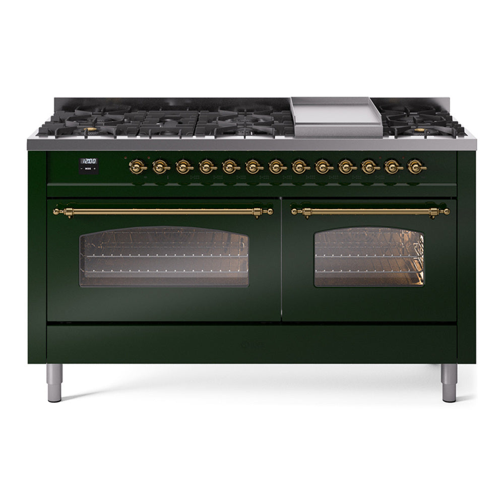 Ilve UP60FNMPEGGLP Nostalgie Ii 60 Inch Dual Fuel Liquid Propane Freestanding Range In Emerald Green With Brass Trim