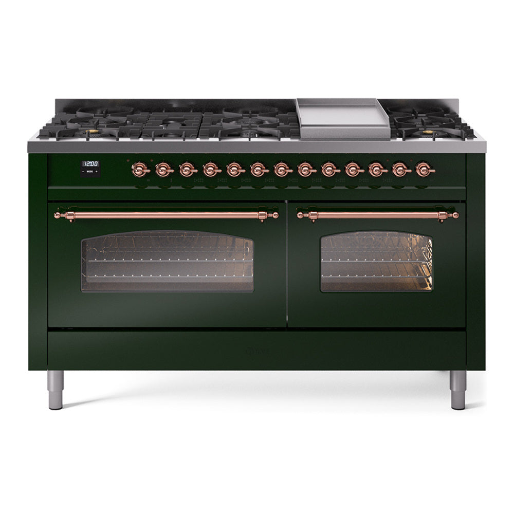 Ilve UP60FNMPEGP Nostalgie Ii 60 Inch Dual Fuel Natural Gas Freestanding Range In Emerald Green With Copper Trim