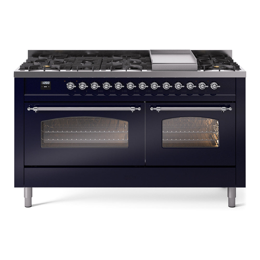 Ilve UP60FNMPMBC Nostalgie Ii 60 Inch Dual Fuel Natural Gas Freestanding Range In Blue With Chrome Trim