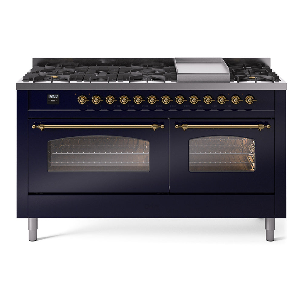 Ilve UP60FNMPMBGLP Nostalgie Ii 60 Inch Dual Fuel Liquid Propane Freestanding Range In Blue With Brass Trim