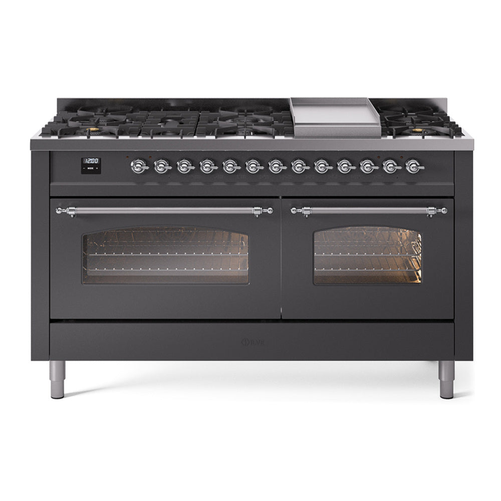 Ilve UP60FNMPMGC Nostalgie Ii 60 Inch Dual Fuel Natural Gas Freestanding Range In Matte Graphite With Chrome Trim