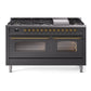 Ilve UP60FNMPMGGLP Nostalgie Ii 60 Inch Dual Fuel Liquid Propane Freestanding Range In Matte Graphite With Brass Trim