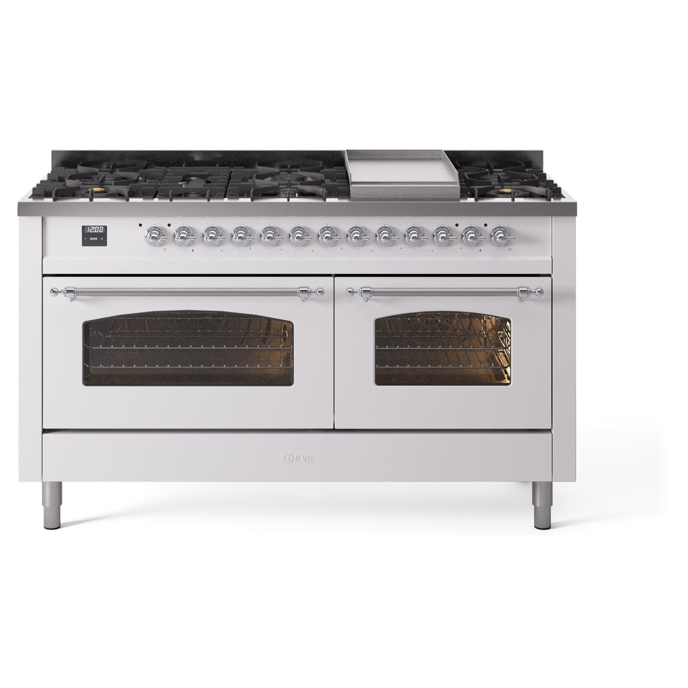 Ilve UP60FNMPWHC Nostalgie Ii 60 Inch Dual Fuel Natural Gas Freestanding Range In White With Chrome Trim