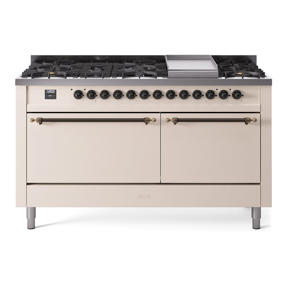 Ilve UP60FQNMPAWB Nostalgie Ii 60 Inch Dual Fuel Natural Gas Freestanding Range In Antique White With Bronze Trim