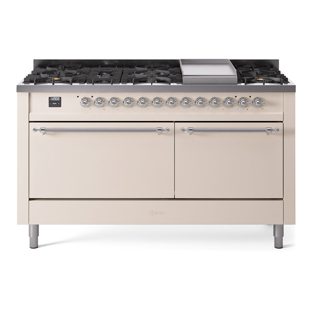 Ilve UP60FQNMPAWCLP Nostalgie Ii 60 Inch Dual Fuel Liquid Propane Freestanding Range In Antique White With Chrome Trim