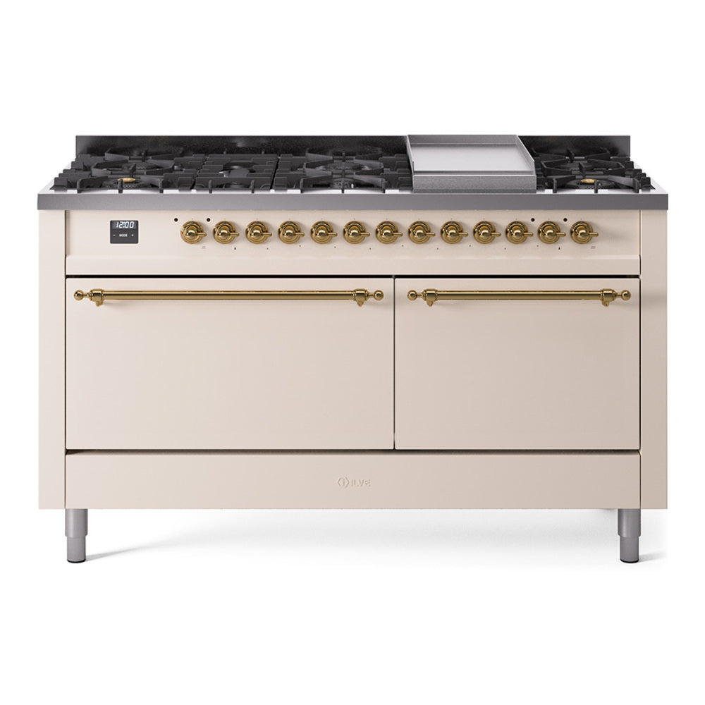 Ilve UP60FQNMPAWG Nostalgie Ii 60 Inch Dual Fuel Natural Gas Freestanding Range In Antique White With Brass Trim