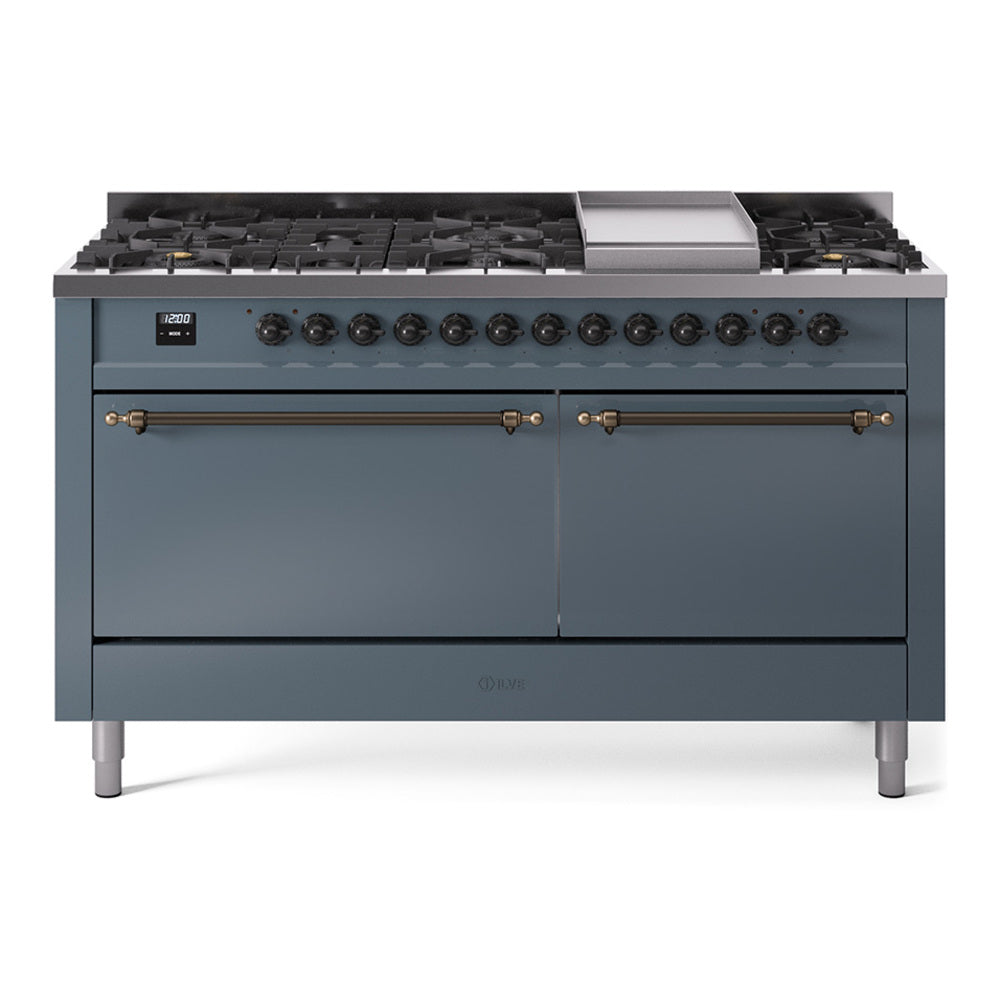 Ilve UP60FQNMPBGBLP Nostalgie Ii 60 Inch Dual Fuel Liquid Propane Freestanding Range In Blue Grey With Bronze Trim