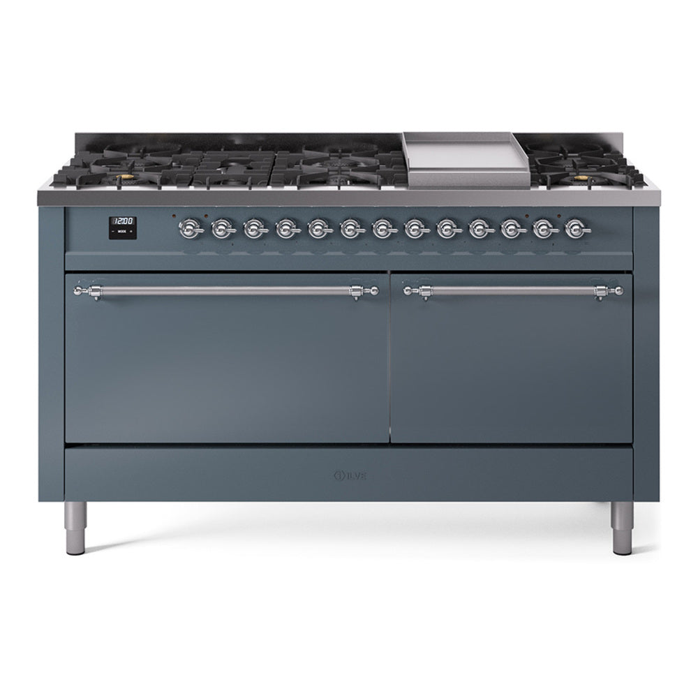 Ilve UP60FQNMPBGCLP Nostalgie Ii 60 Inch Dual Fuel Liquid Propane Freestanding Range In Blue Grey With Chrome Trim