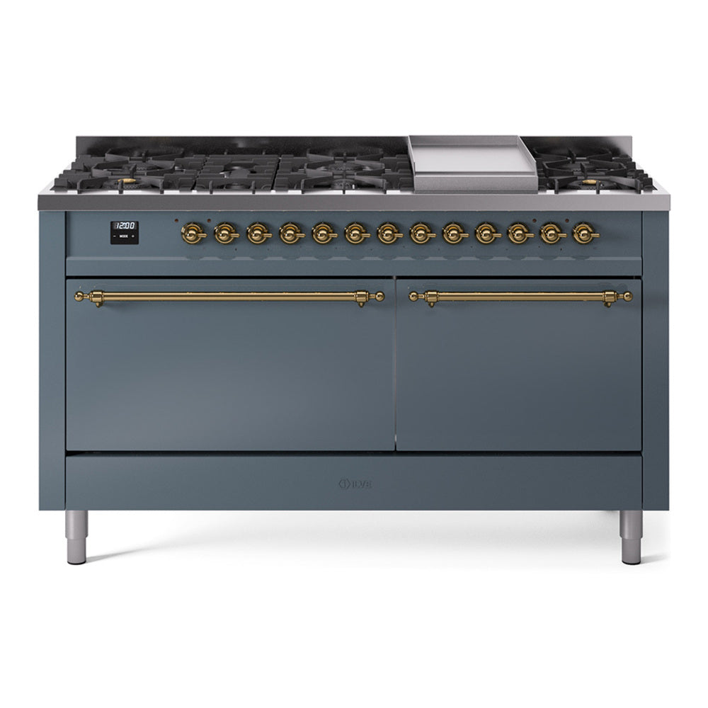 Ilve UP60FQNMPBGG Nostalgie Ii 60 Inch Dual Fuel Natural Gas Freestanding Range In Blue Grey With Brass Trim