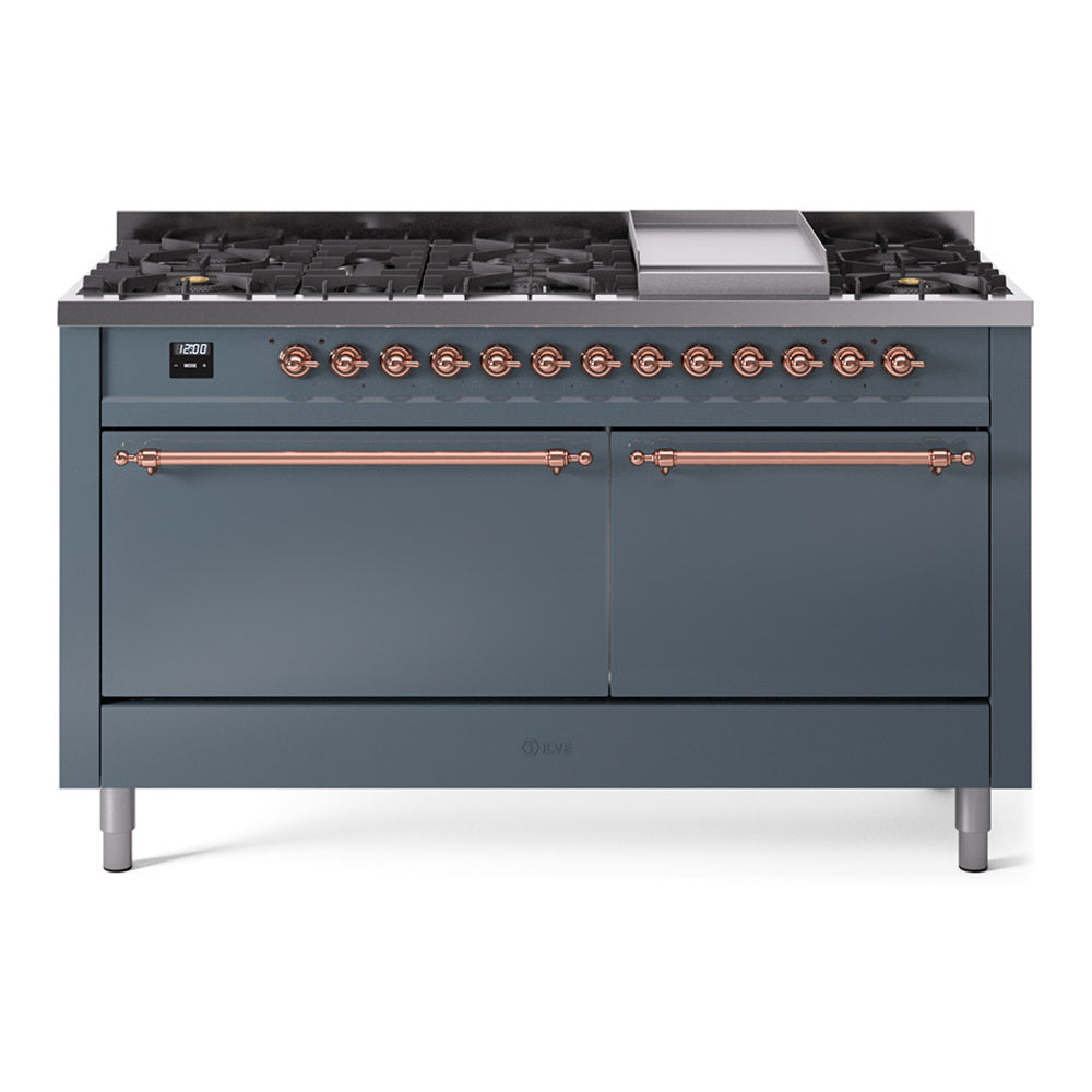 Ilve UP60FQNMPBGPLP Nostalgie Ii 60 Inch Dual Fuel Liquid Propane Freestanding Range In Blue Grey With Copper Trim