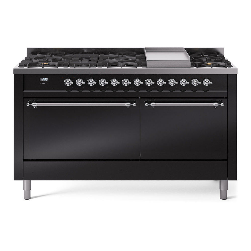 Ilve UP60FQNMPBKCLP Nostalgie Ii 60 Inch Dual Fuel Liquid Propane Freestanding Range In Glossy Black With Chrome Trim