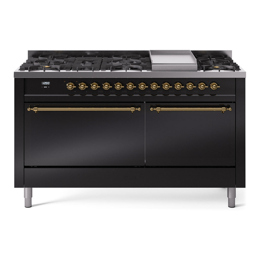 Ilve UP60FQNMPBKG Nostalgie Ii 60 Inch Dual Fuel Natural Gas Freestanding Range In Glossy Black With Brass Trim