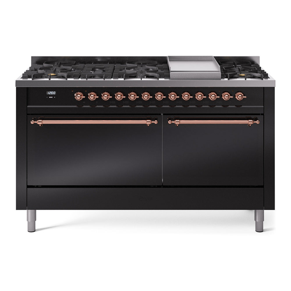 Ilve UP60FQNMPBKPLP Nostalgie Ii 60 Inch Dual Fuel Liquid Propane Freestanding Range In Glossy Black With Copper Trim