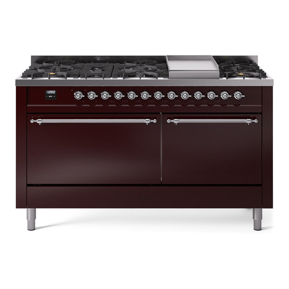 Ilve UP60FQNMPBUC Nostalgie Ii 60 Inch Dual Fuel Natural Gas Freestanding Range In Burgundy With Chrome Trim