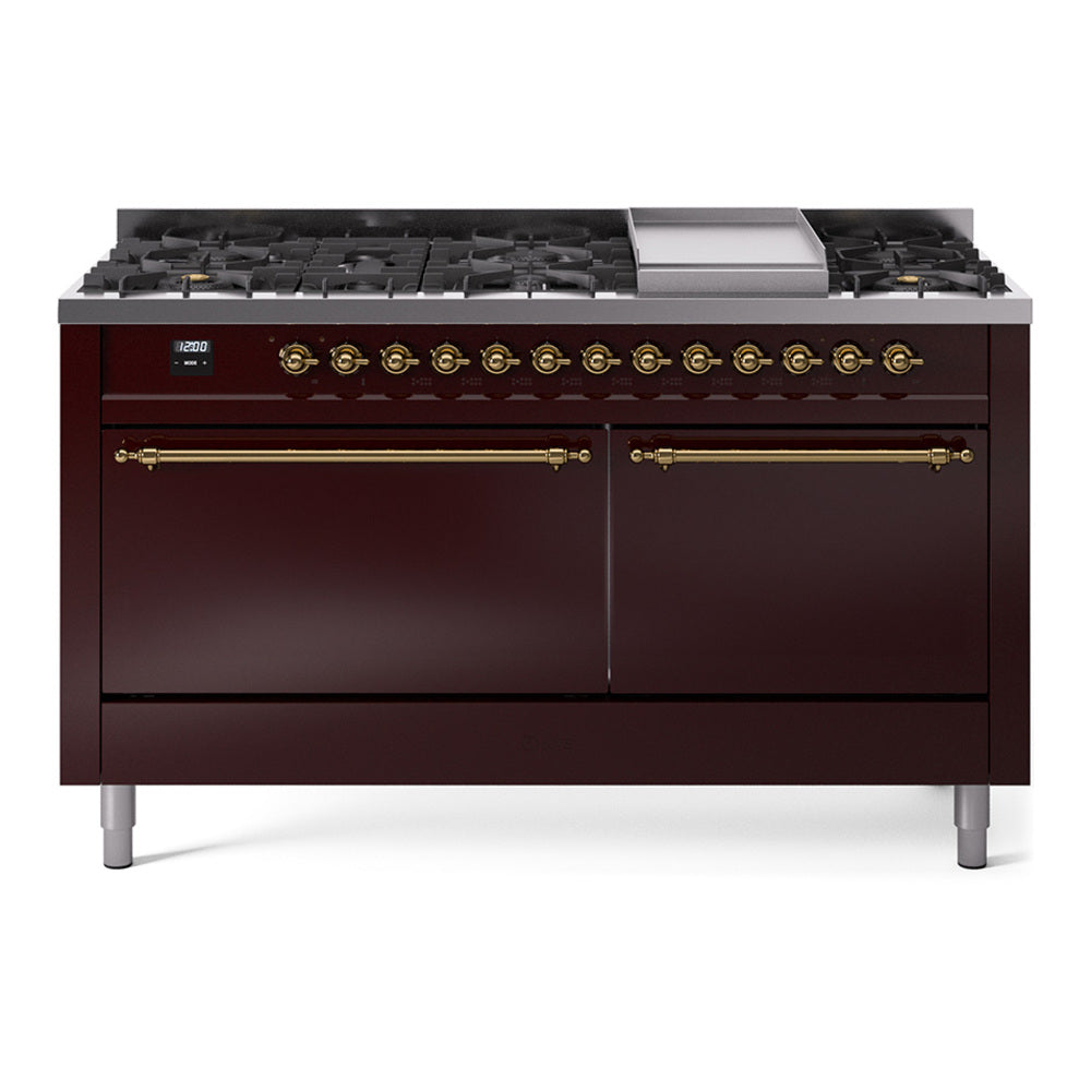 Ilve UP60FQNMPBUGLP Nostalgie Ii 60 Inch Dual Fuel Liquid Propane Freestanding Range In Burgundy With Brass Trim