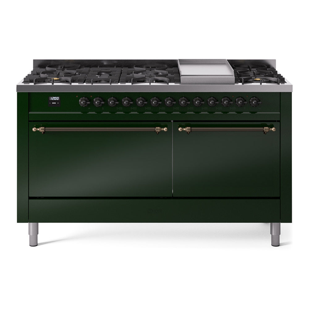 Ilve UP60FQNMPEGB Nostalgie Ii 60 Inch Dual Fuel Natural Gas Freestanding Range In Emerald Green With Bronze Trim