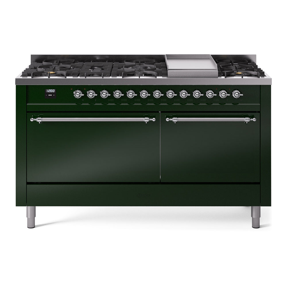 Ilve UP60FQNMPEGC Nostalgie Ii 60 Inch Dual Fuel Natural Gas Freestanding Range In Emerald Green With Chrome Trim