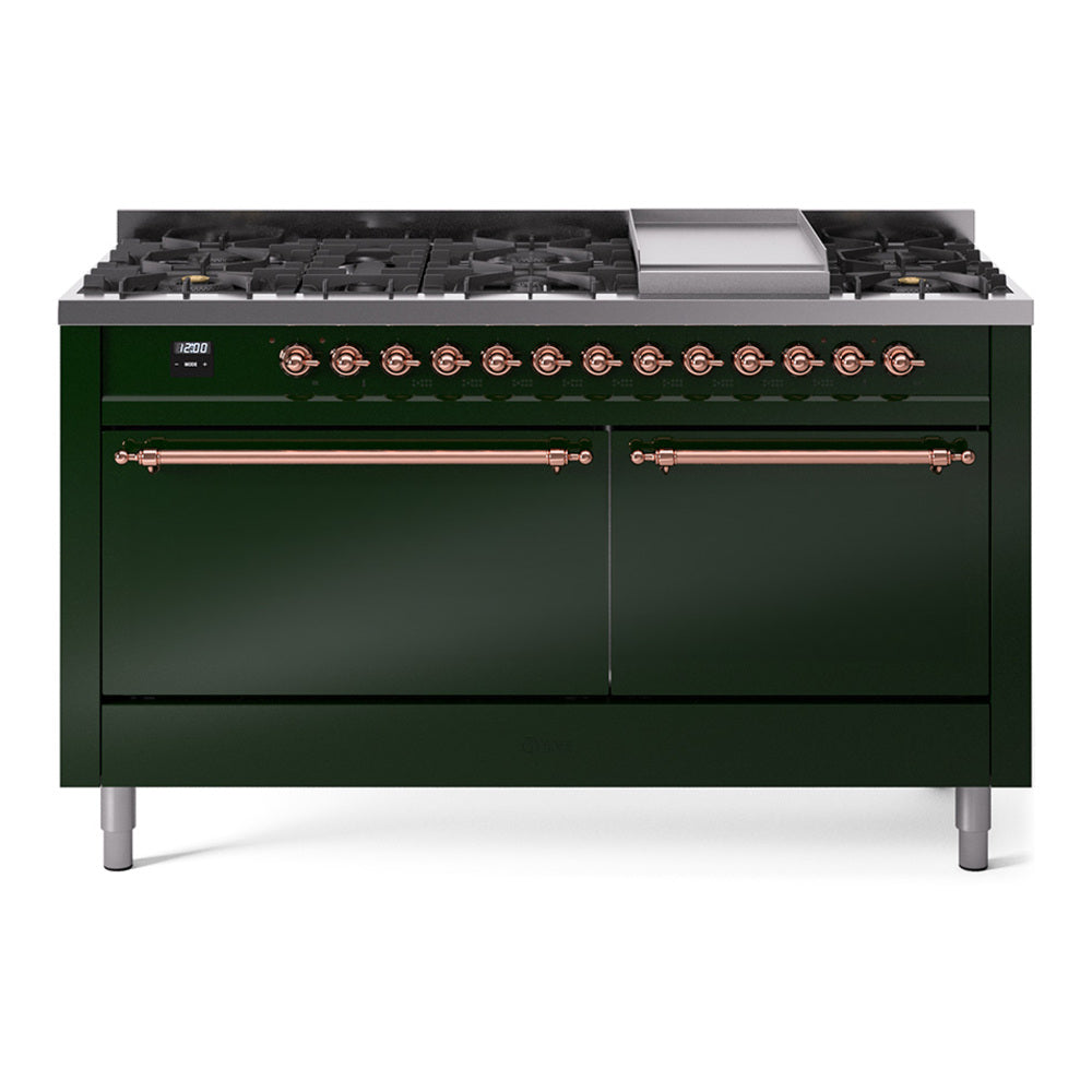 Ilve UP60FQNMPEGP Nostalgie Ii 60 Inch Dual Fuel Natural Gas Freestanding Range In Emerald Green With Copper Trim