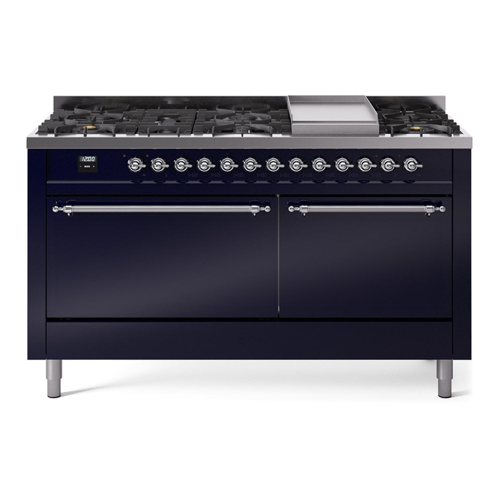 Ilve UP60FQNMPMBC Nostalgie Ii 60 Inch Dual Fuel Natural Gas Freestanding Range In Blue With Chrome Trim