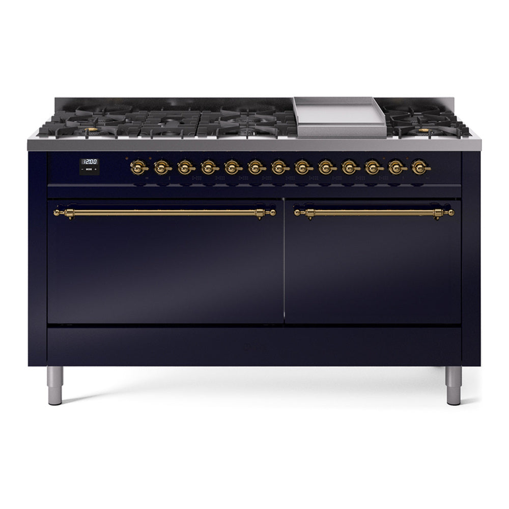 Ilve UP60FQNMPMBG Nostalgie Ii 60 Inch Dual Fuel Natural Gas Freestanding Range In Blue With Brass Trim