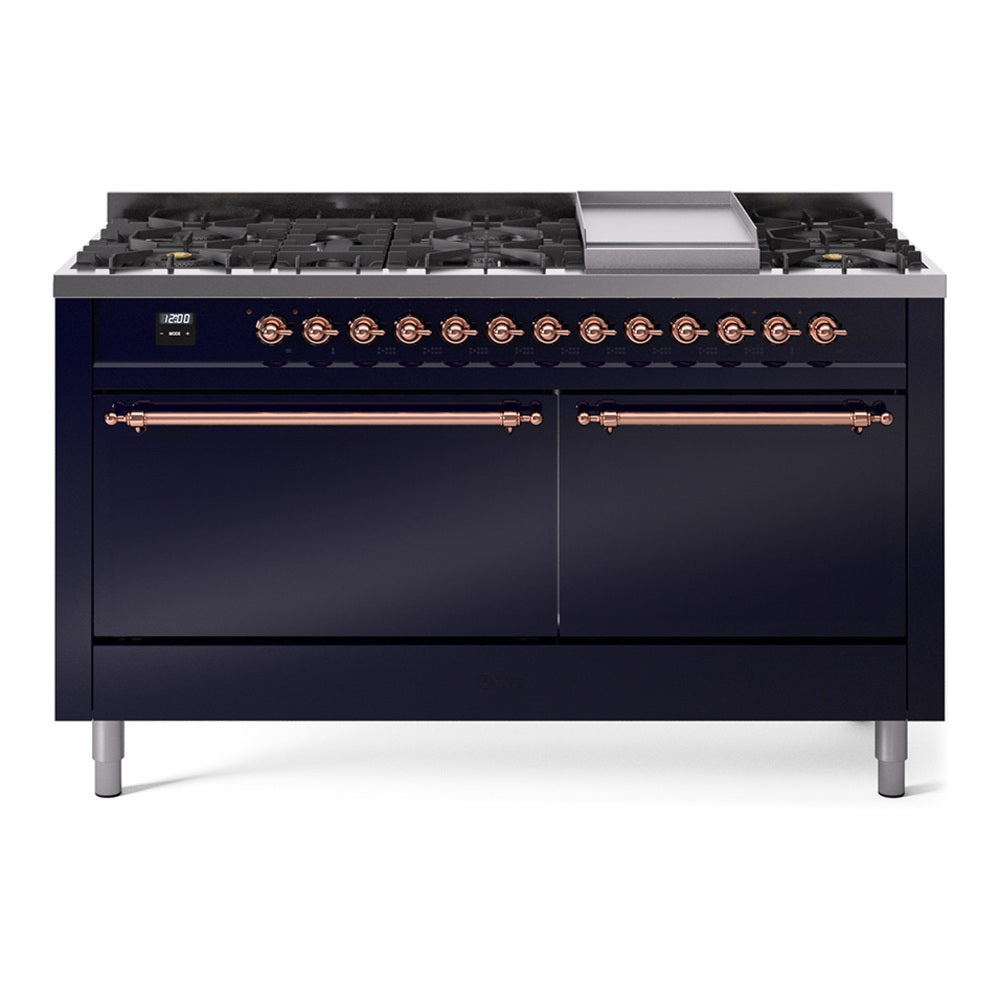 Ilve UP60FQNMPMBP Nostalgie Ii 60 Inch Dual Fuel Natural Gas Freestanding Range In Blue With Copper Trim