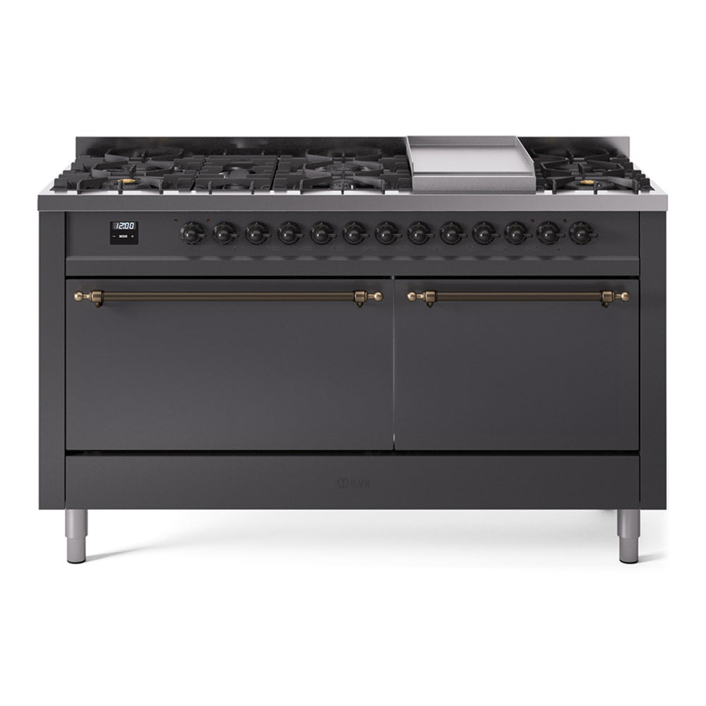 Ilve UP60FQNMPMGB Nostalgie Ii 60 Inch Dual Fuel Natural Gas Freestanding Range In Matte Graphite With Bronze Trim