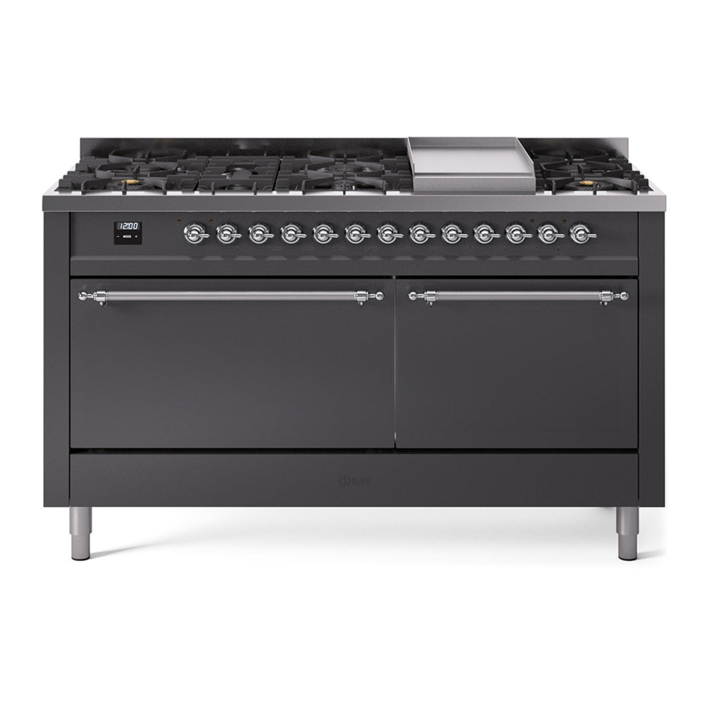 Ilve UP60FQNMPMGCLP Nostalgie Ii 60 Inch Dual Fuel Liquid Propane Freestanding Range In Matte Graphite With Chrome Trim