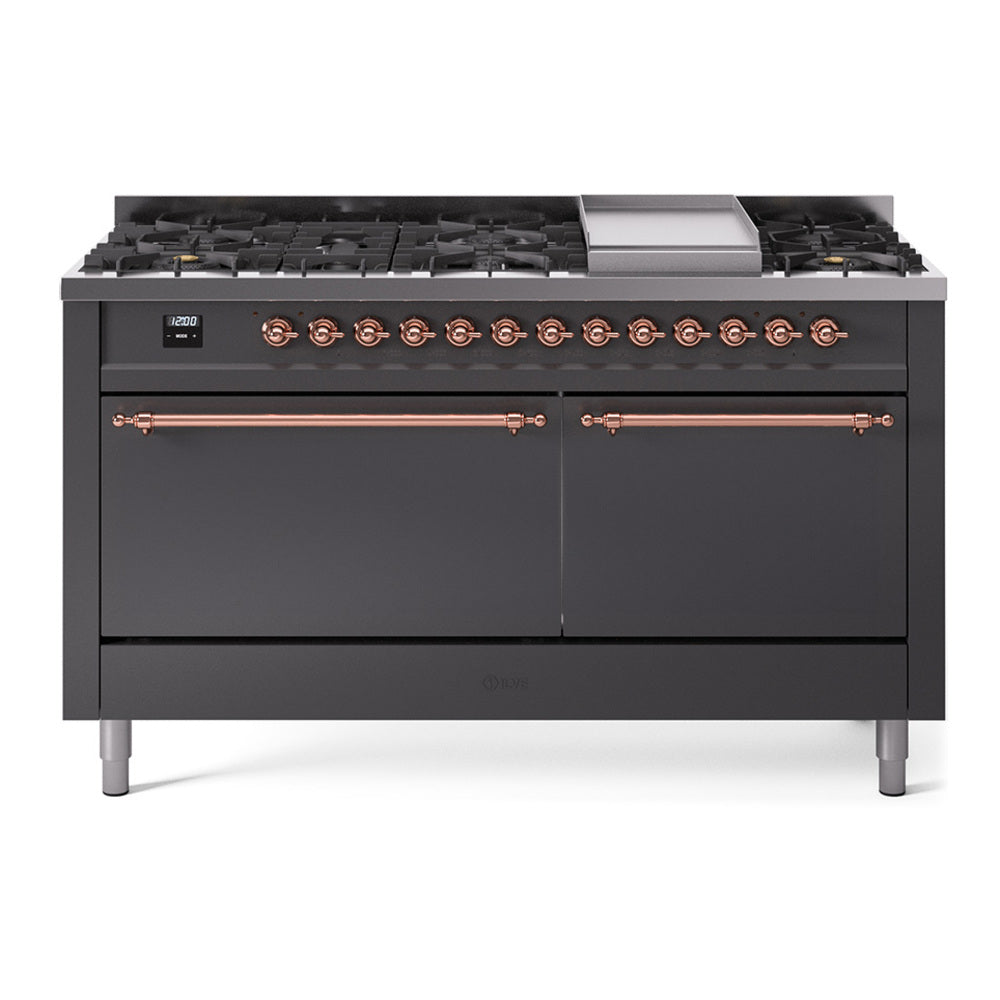 Ilve UP60FQNMPMGPLP Nostalgie Ii 60 Inch Dual Fuel Liquid Propane Freestanding Range In Matte Graphite With Copper Trim