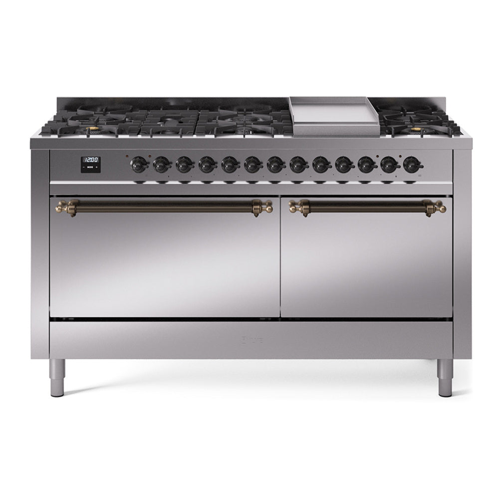 Ilve UP60FQNMPSSB Nostalgie Ii 60 Inch Dual Fuel Natural Gas Freestanding Range In Stainless Steel With Bronze Trim