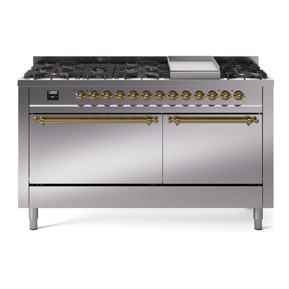 Ilve UP60FQNMPSSG Nostalgie Ii 60 Inch Dual Fuel Natural Gas Freestanding Range In Stainless Steel With Brass Trim