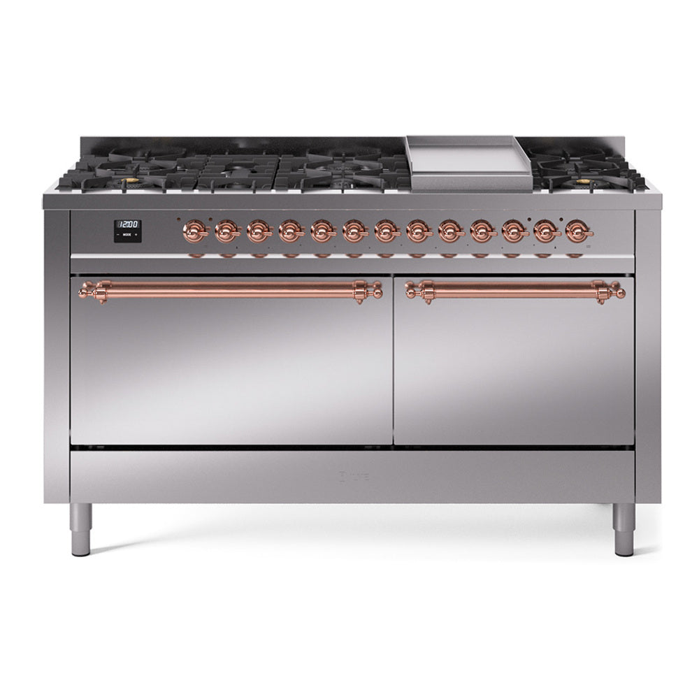 Ilve UP60FQNMPSSP Nostalgie Ii 60 Inch Dual Fuel Natural Gas Freestanding Range In Stainless Steel With Copper Trim